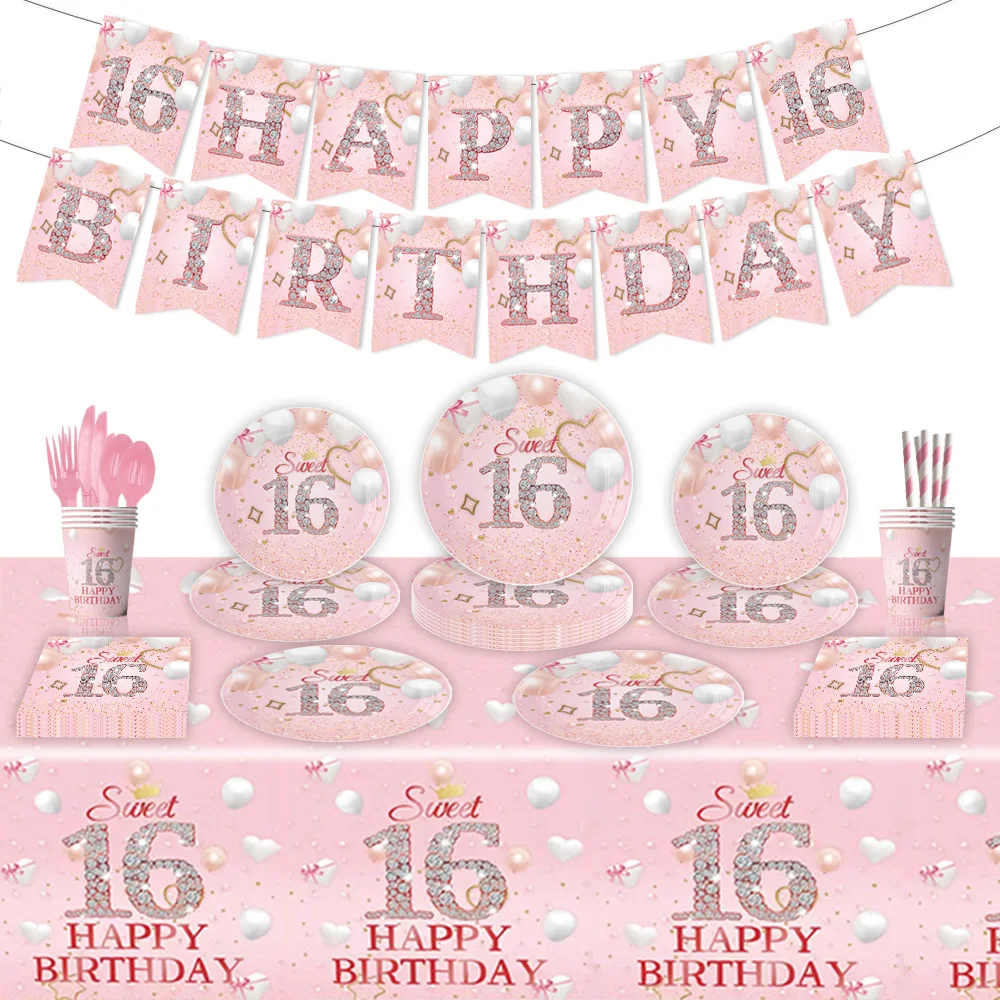 

Pink 16 Party Themed Party Supplies Paper Plate Tablecloth Napkin Party Show