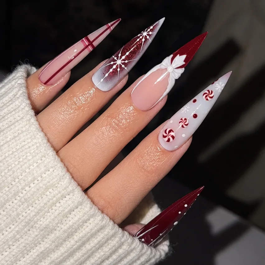 24pcs Christmas Candy Cane Press On Nails Red White Snowflake Bow False Nail Long Stiletto Fake Nail Xmas Winter Nail Art