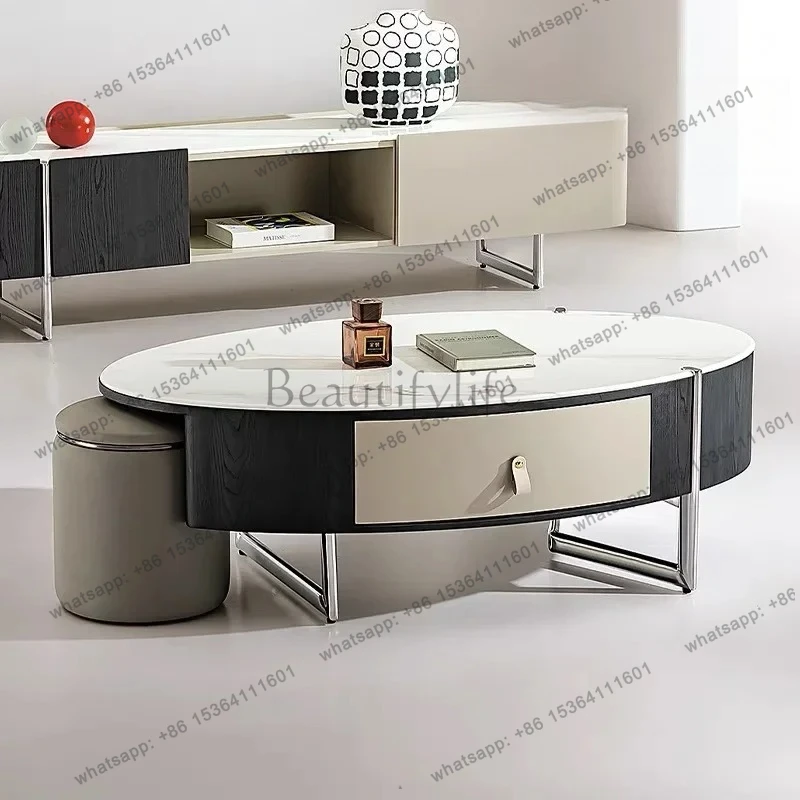 

Italian light luxury rock slab coffee table TV cabinet combination living room small apartment oval home minimalist coffee table