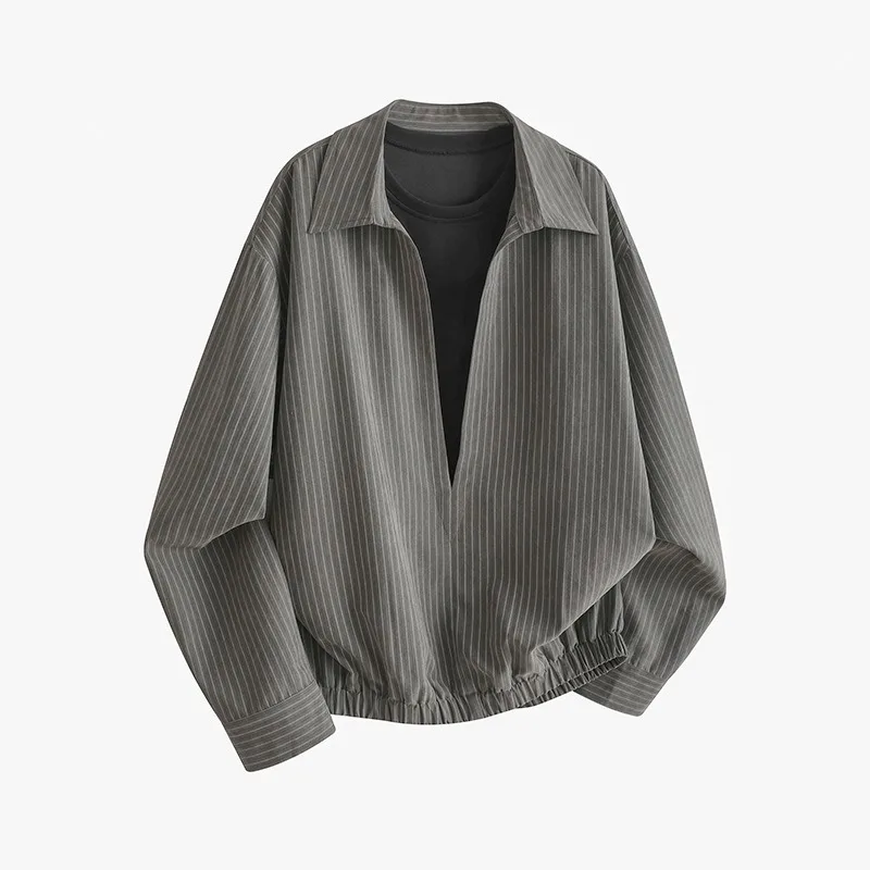 

Men's Oversized Striped Half Zip Shirt Turn Down Collar Elastic Hem Casual Long Sleeve Top