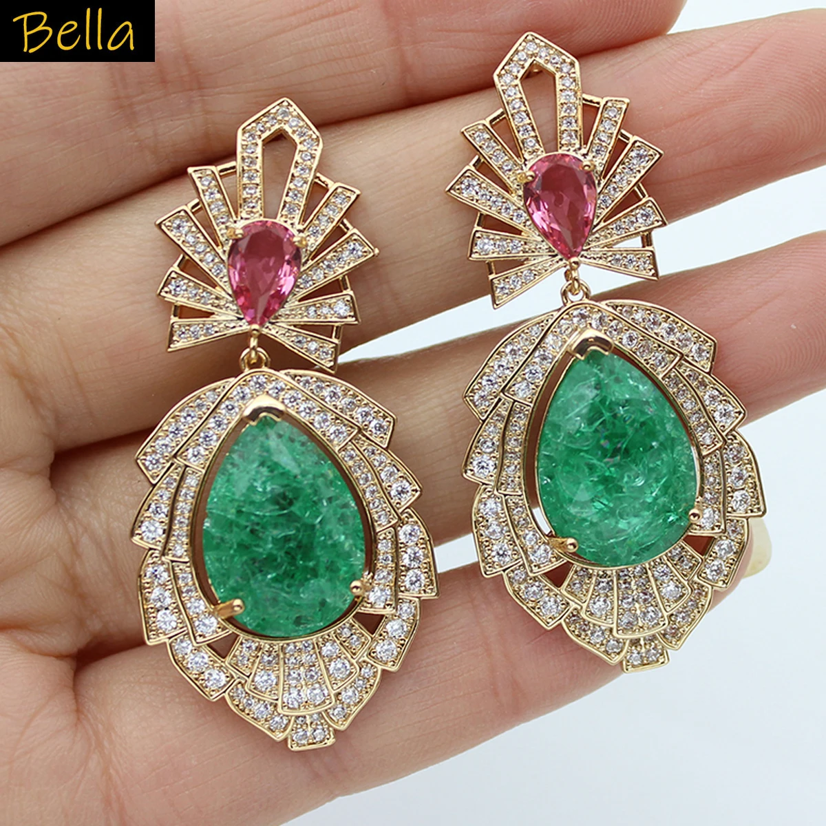 

Art Deco Teardrop Drop Earrings Emerald red silver color Dangle Earrings for Women Vintage Statement Jewelry Party gala event