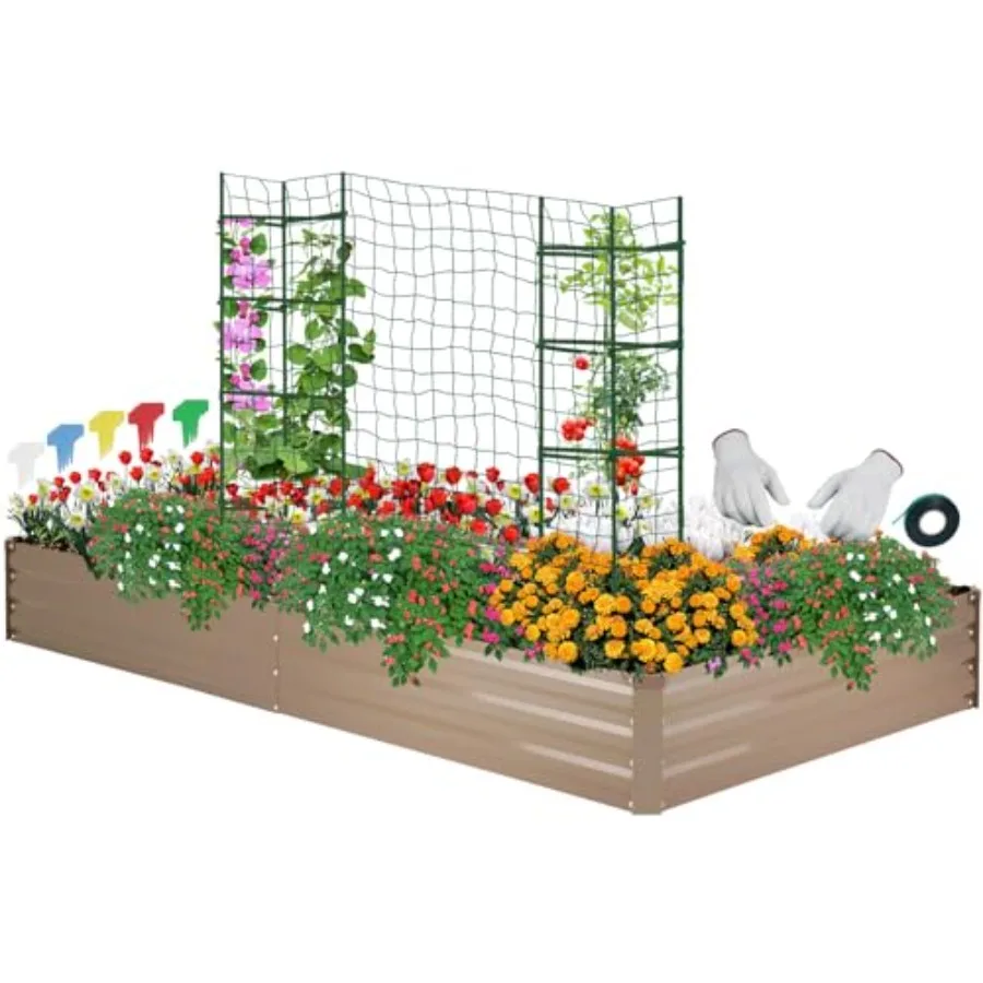 

Galvanized metal raised garden bed kit for vegetables, flowers, herbs8×4×1 ft, includes 2 tomato cages, gloves, trellis netting