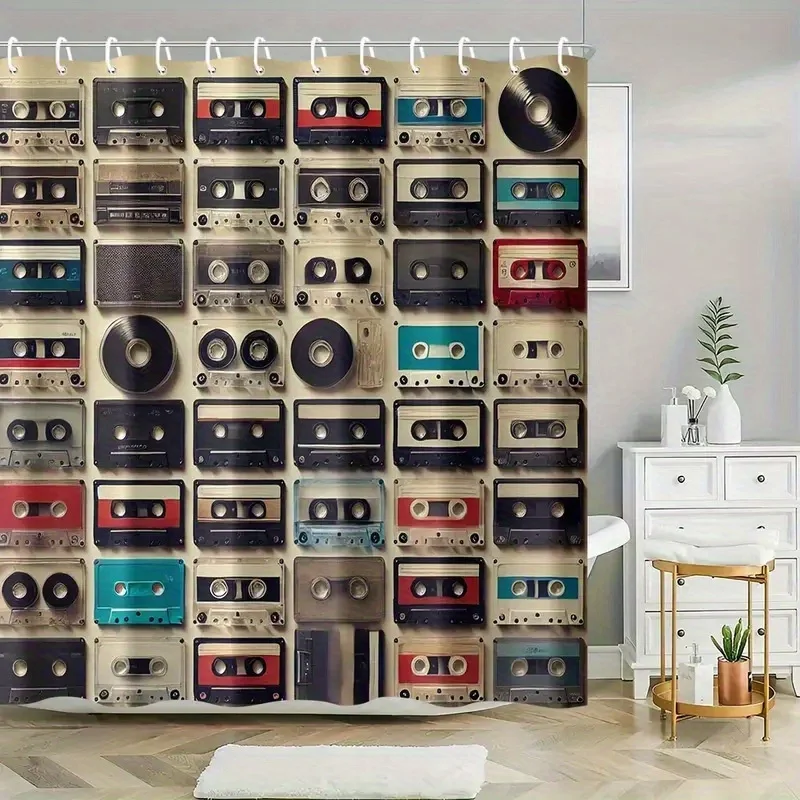 1pc Vintage 80s 90s Music Bath Curtain with Cassette Tape & Vinyl Record Design - Retro Shower Curtain for Bathtub, Machine Wash