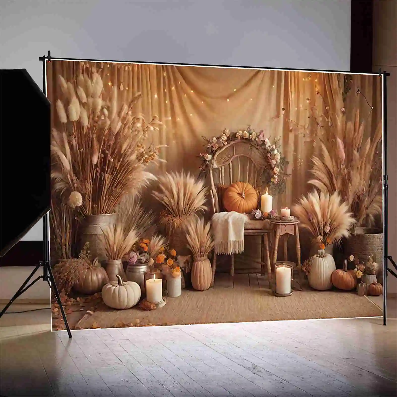 MOON.QG Thanksgiving 2024 Wedding Backdrops Children's Bohemia Dry Grass Flowers Background Customized Party Photocall Supplies