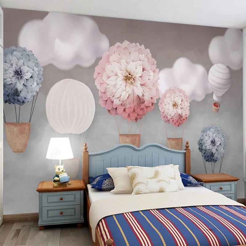 Custom Any Size Mural Wallpaper Modern Nordic Cartoon Pink Hot Air Balloon Children's Room Background Wall Paper Papel De Pared