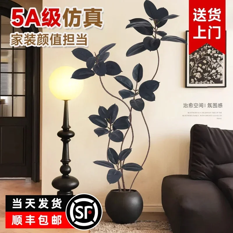 

plant black diamond rubber tree indoor living room large potted plant high-end light luxury bionic fake tree plant ornament