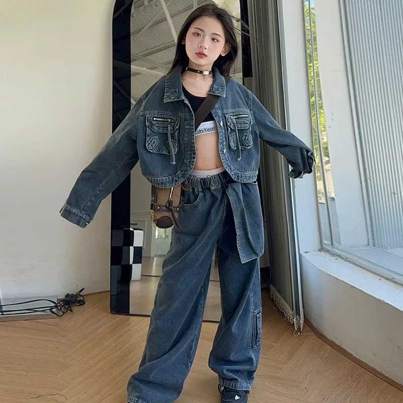 Korean child clothing suit Irregular short denim jacket+cargo pants teen girls outfits autumn junior kids denim skirt jeans set