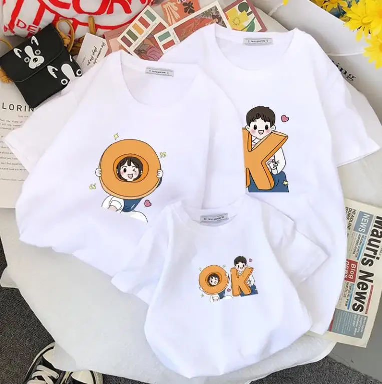 Family Signs OK Father Mother Kid T-Shirts Baby Bodysuit Cotton Summer Family Matching Outfits Mom Dad Children Match Clothes