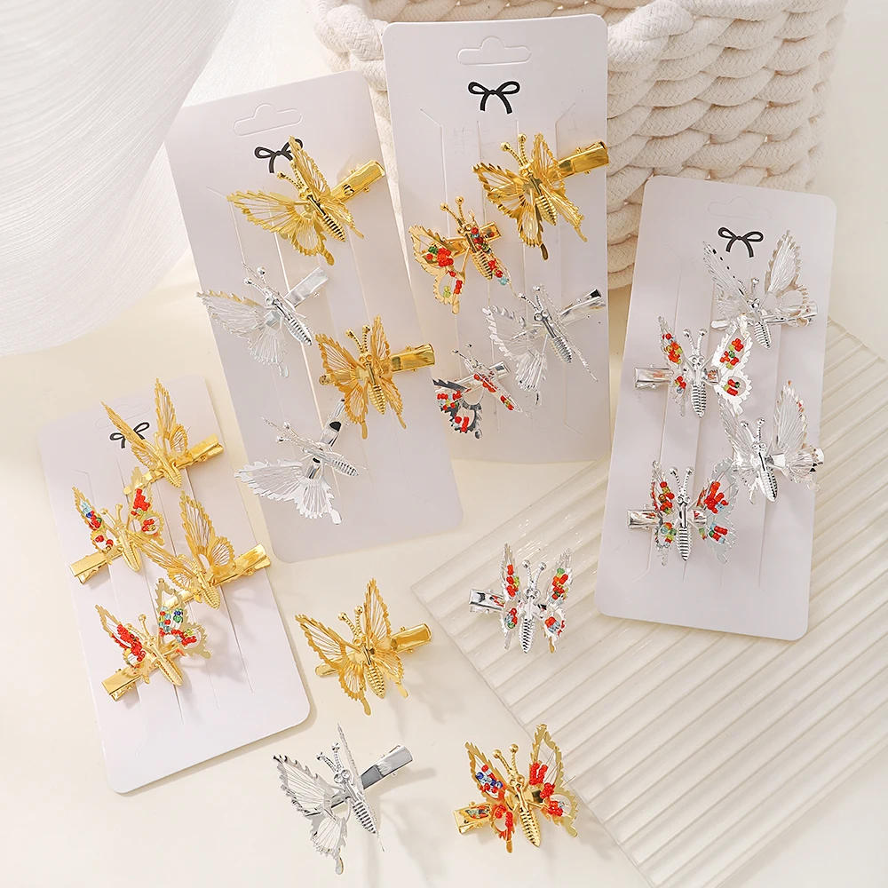 2/4pcs Women Girl Elegant Butterfly Hairpin Metal Accessories Trembling Butterfly Side Clip Moving Butterfly Hairpin Headdress