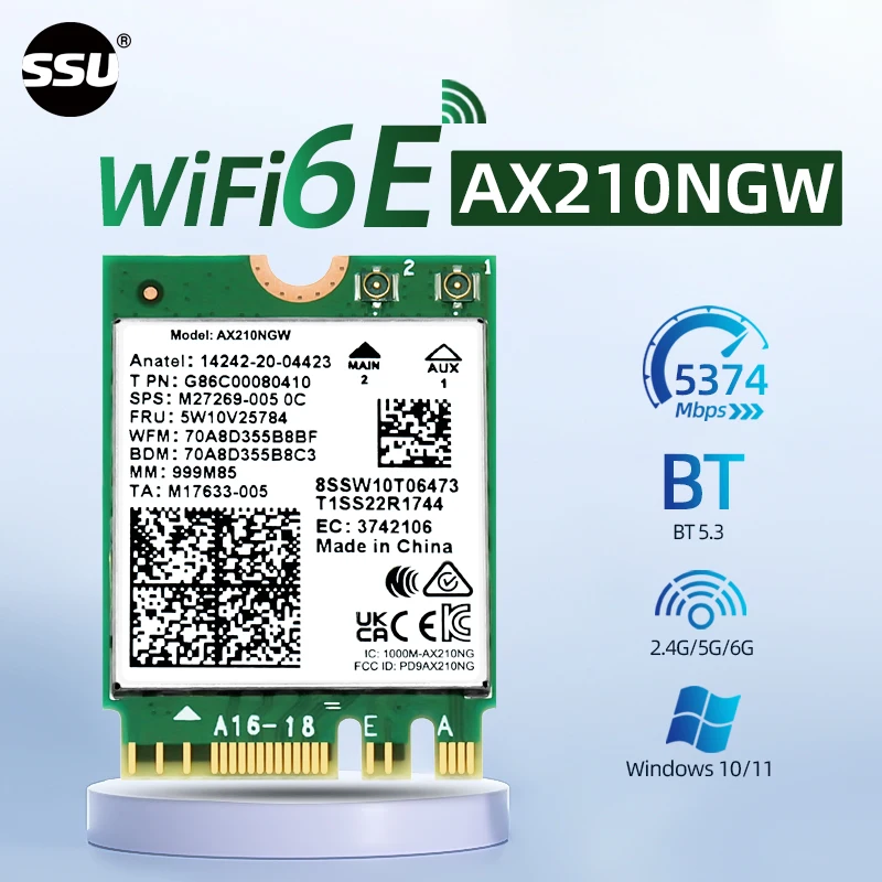 

SSU ноутбук AX210NGW беспроводной адаптер настольный компьютер WiFi 6E M.2 беспроводная сетевая карта трехдиапазонный 5374 Мбит/с Bluetooth 5,3