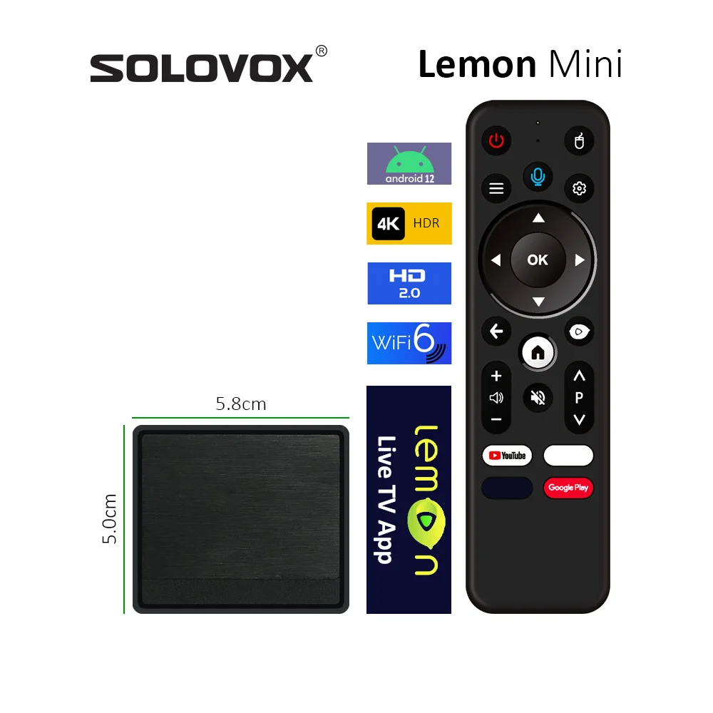 SOLOVOX 2024 Lemon Mini Android 12 TV Box Super Pocket Size 4K WiFi6 Bluetooth 5.4 التحكم الصوتي Stalkermac LemonTV الأدوات الوسطى
