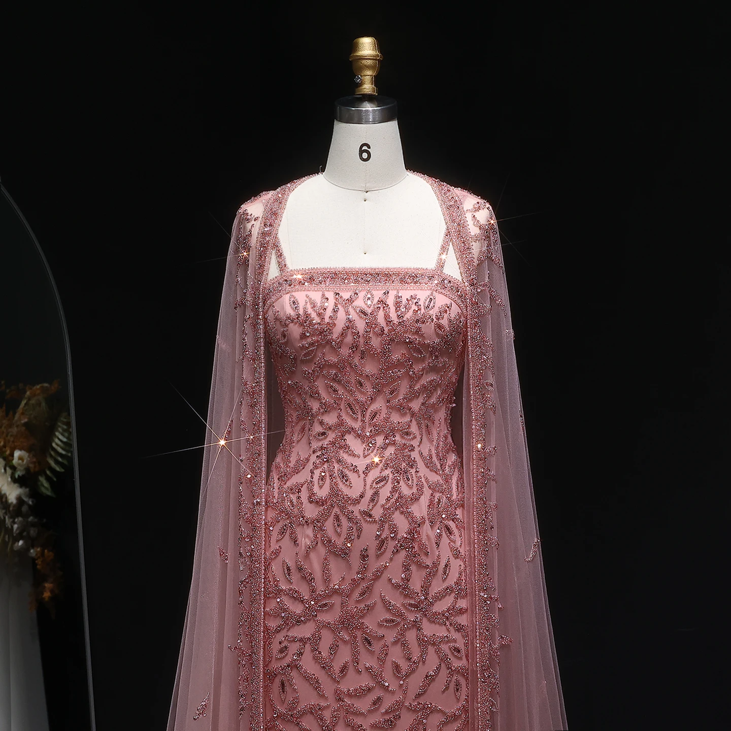 Sharon Said Luxuriöses Rosa Meerjungfrauen-Abendkleid mit Cape-Ärmeln in Weiß für Damen, Hochzeit, Party, Ballkleider, Arabisch SS393, Maßanfertigung – Detail 6