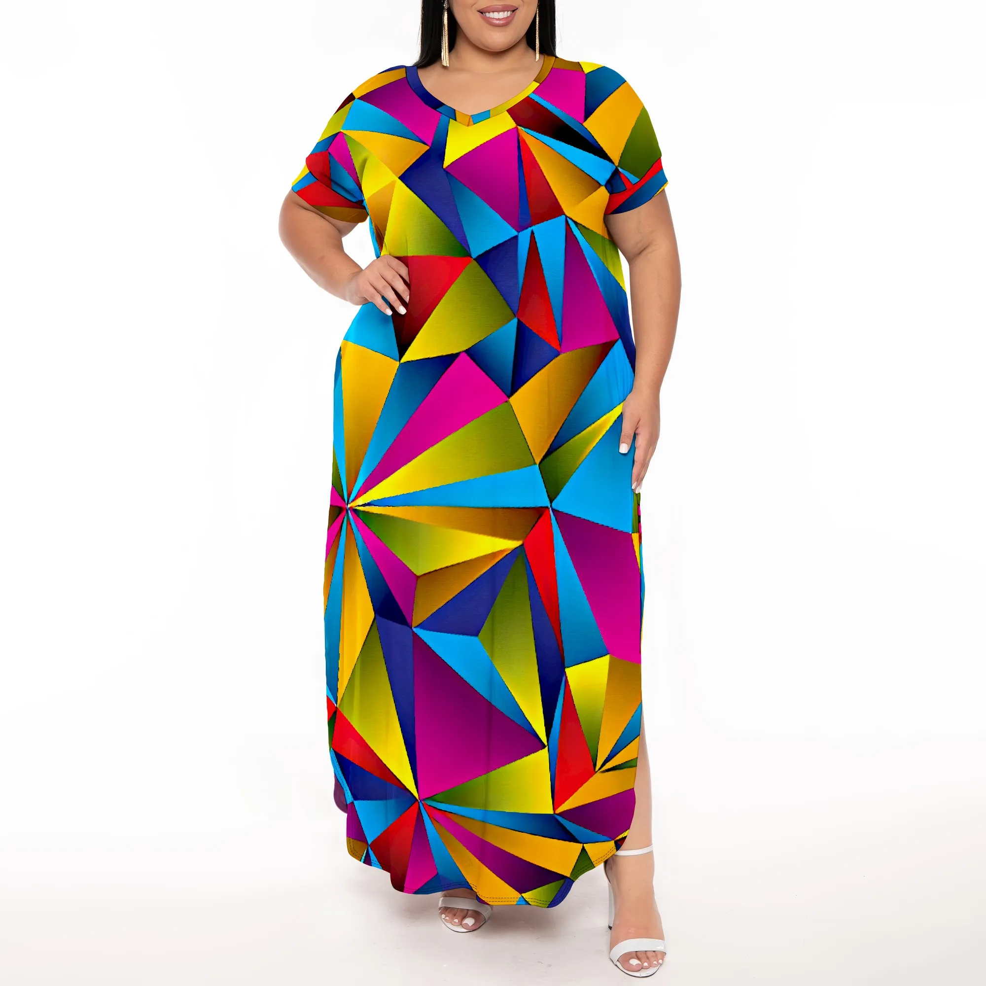 

Plus Size Geometric Star Print V Neck Pocket Dress Summer Blue Purple Loose Midi Dress for Women
