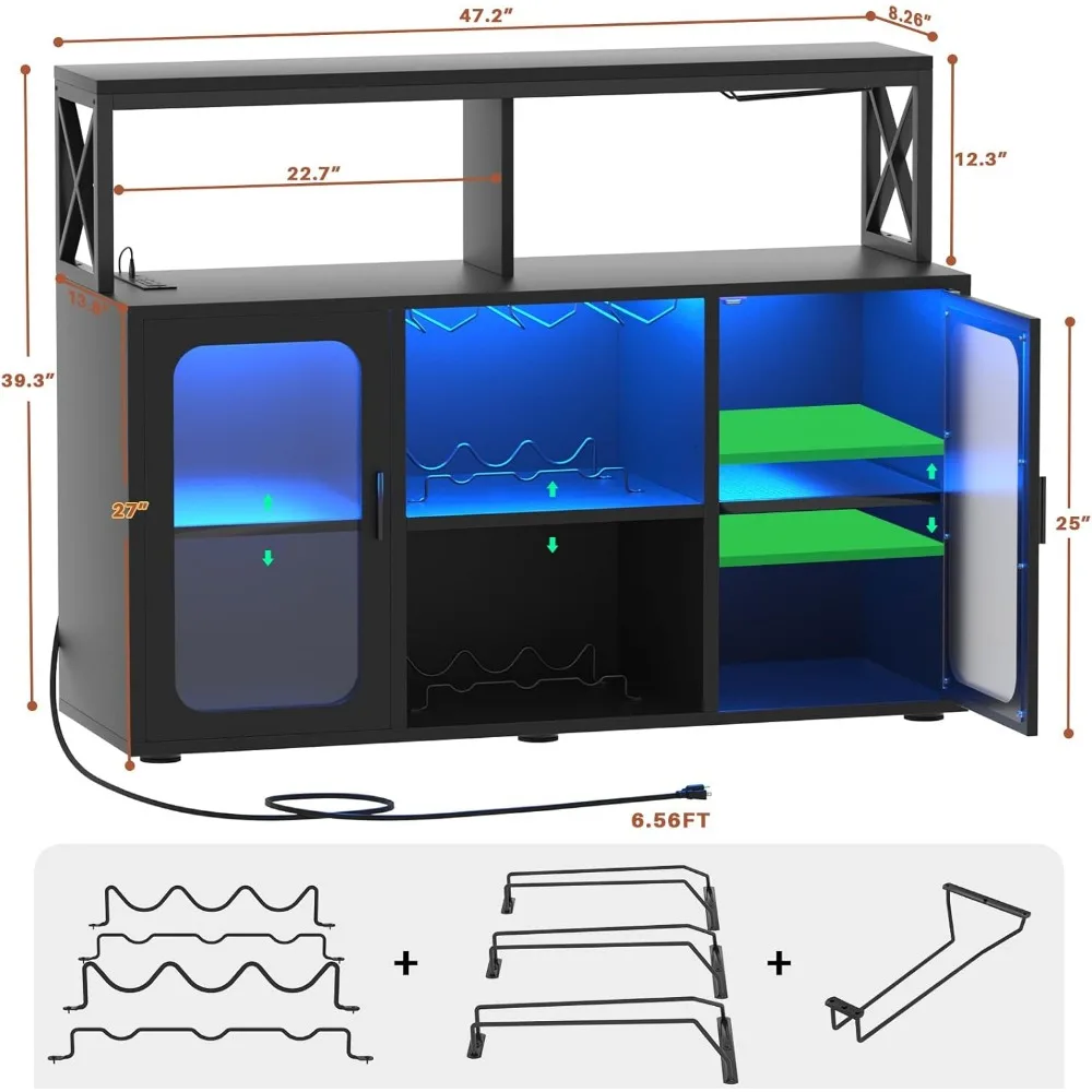 خزانة بار Aheplus مع منافذ طاقة، خزانة مشروبات مع أضواء LED وحامل زجاجي، خزانة بوفيه للتخزين، كابي بار القهوة