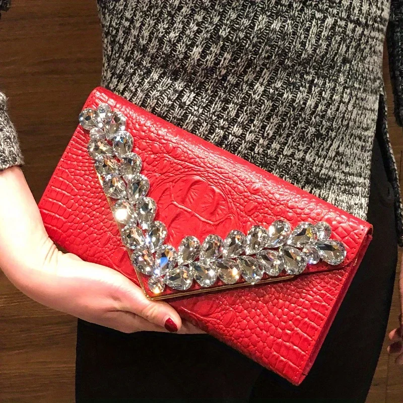 Pochette da donna alla moda con motivo coccodrillo, pochette da festa con diamanti, elegante borsa a tracolla a tracolla