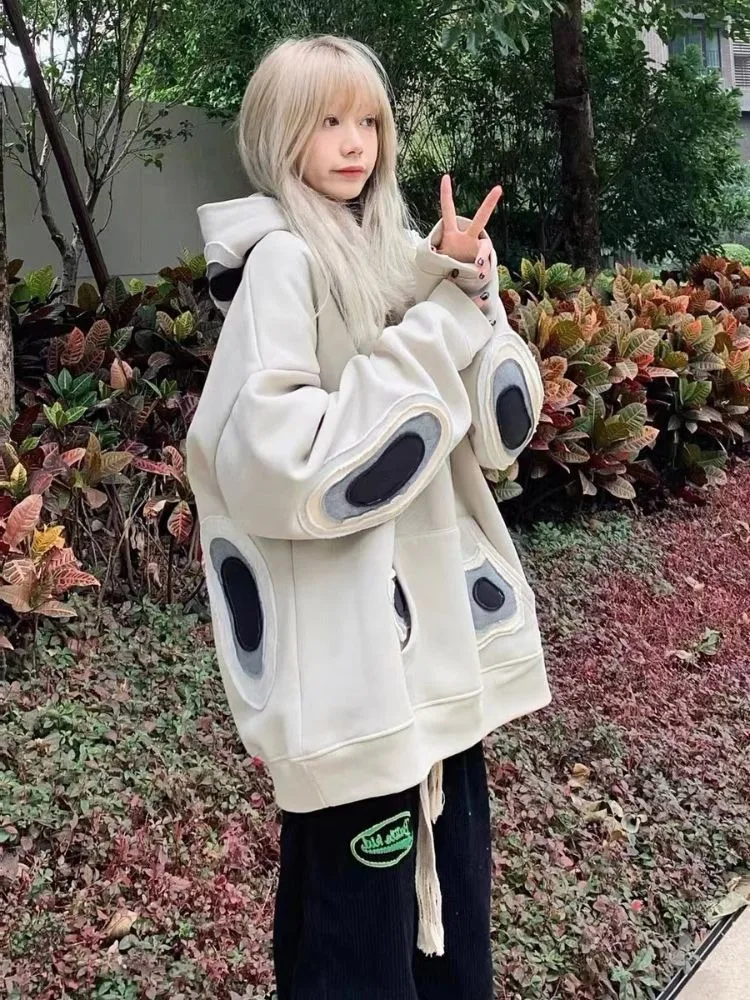 2024 Autumn Fashion Embroidery Patchwork Hoodies Women All Match Oversized Jacket Y2k Aesthetic Loose Sweatshirt Harajuku Tops