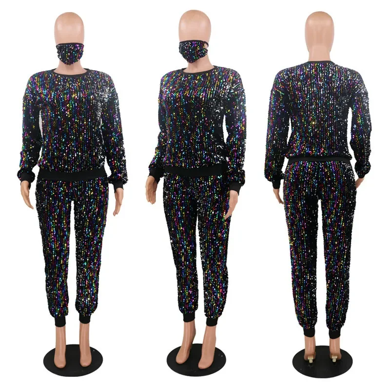 Winter Plus Size S-5XL Clothing For Women Two Piece Set Sequins Birthday Outfit Joggers Tracksuit Wholesale Dropshipping 2021