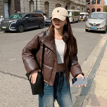 Chaqueta corta acolchada de algodón con cuello Vertical para mujer, abrigo grueso de cuero PU, 2024