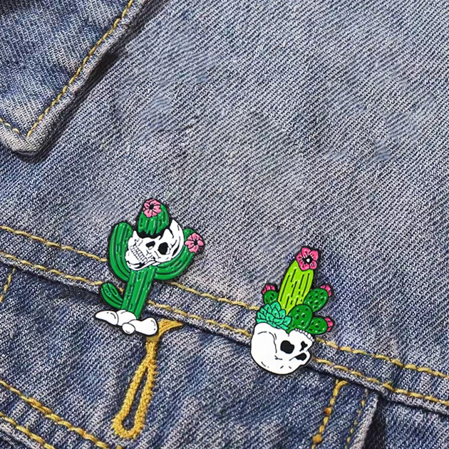 skull head cactus metal badge, creative plant series Pin Cartoon cactus Pin, personalized