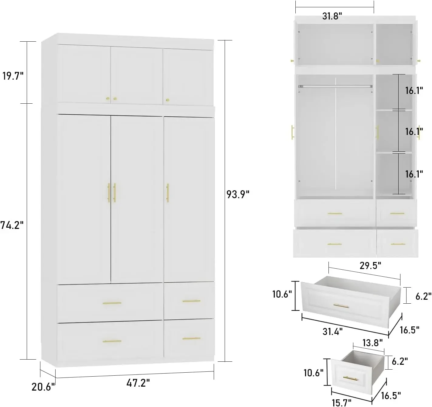 MOUMON 3-Door Wardrobe Closet with Drawers, Armoire with Hanging Rod & Top Storage, 47.2