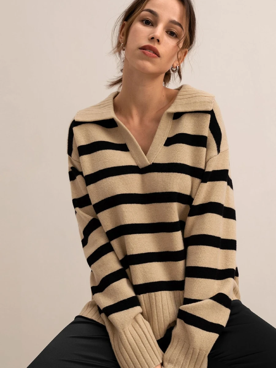 

Blubelle Women's Knit Polo Neck Sweater Contrast Color Striped Oversized Loose Fit Soft Texture Casual Autumn Winter