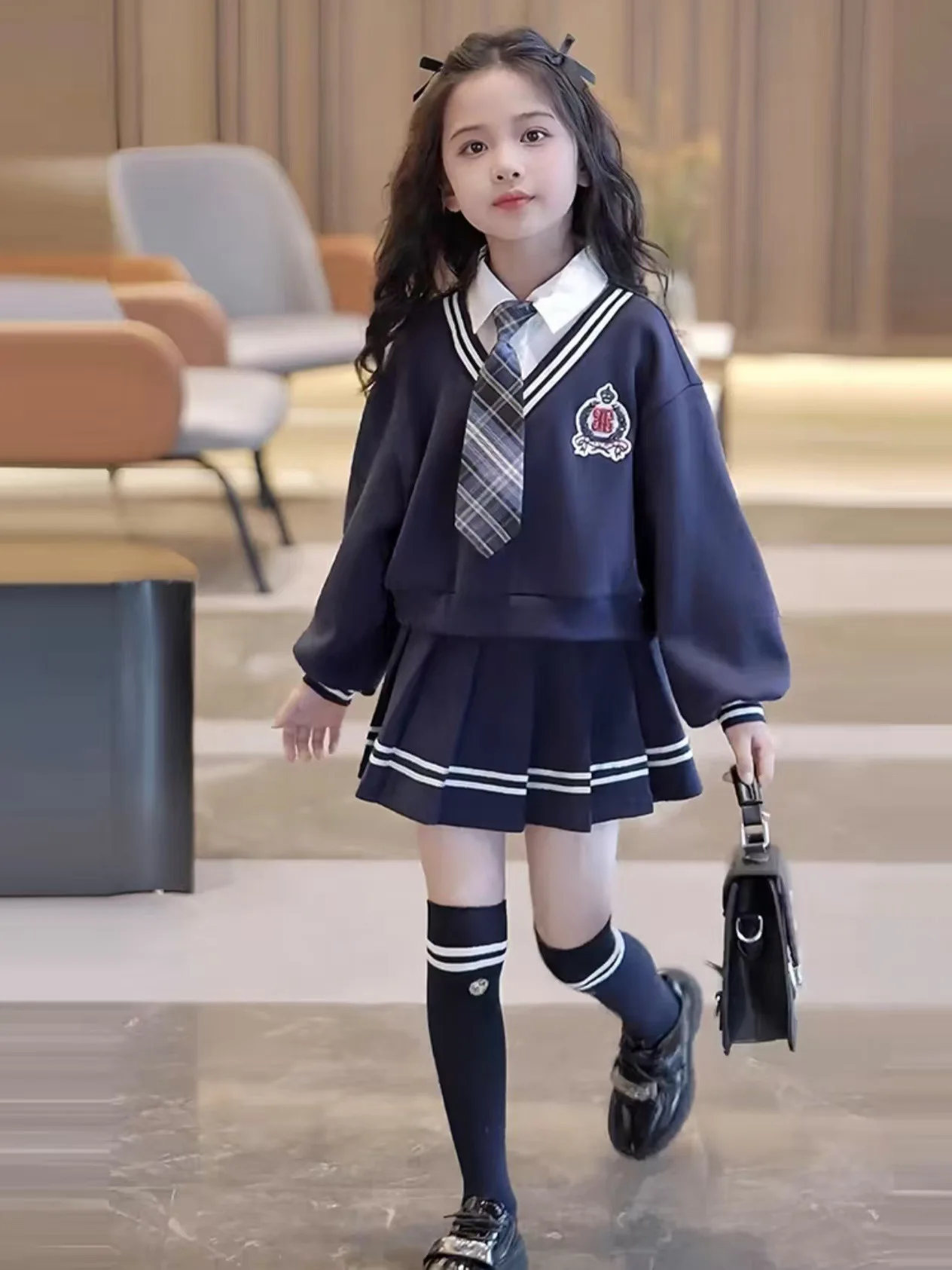 Girls' Outfit Dress Autumn New Style for Older Children, Faux Two-Piece Long-Sleeve Top with Pleated Skirt, JK Uniform Academy T