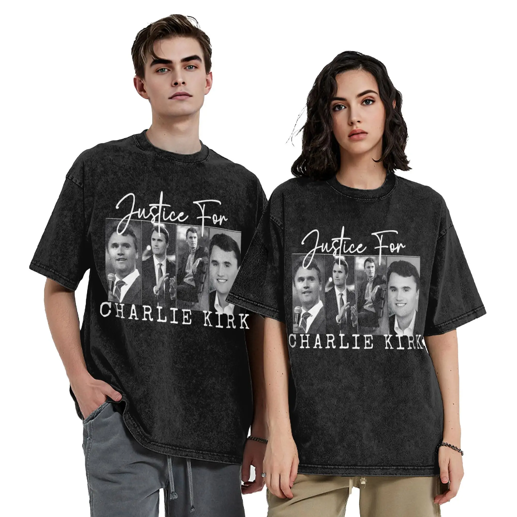 Novelty Pray For Charlie Kirk Vintage Washed T-Shirt Men Cotton Short Sleeve  Round Neck Summer Top Tee