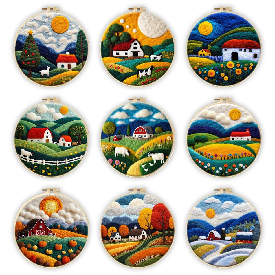 SDOYUNO Wool Needle Felting Village Landscape Craft Supplies Handmade Wool Felt Painting Kit Craft Supplies Set Needlework Felt