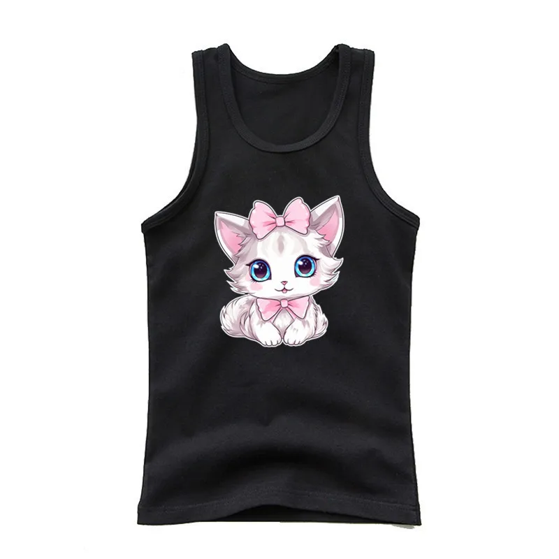 2024 Summer Girls Cute Cat Print  Vest Princess Girl Fashion Tank Top Kids Sleeveless T-shirt 3-14y