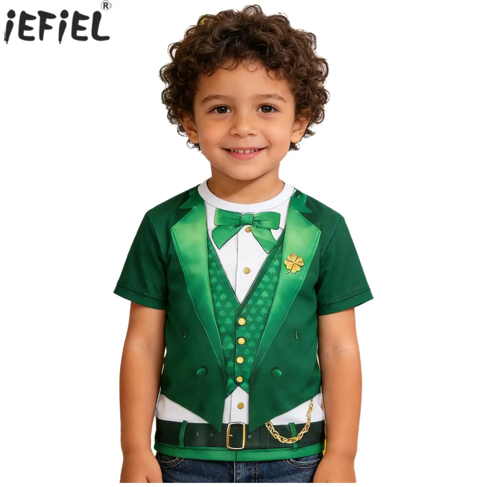 

Детская рубашка для мальчиков на День Святого Патрика с 3D-принтом, пуловер с круглым вырезом и короткими рукавами, имитация двухслойного топа для праздничных мероприятий и вечеринок