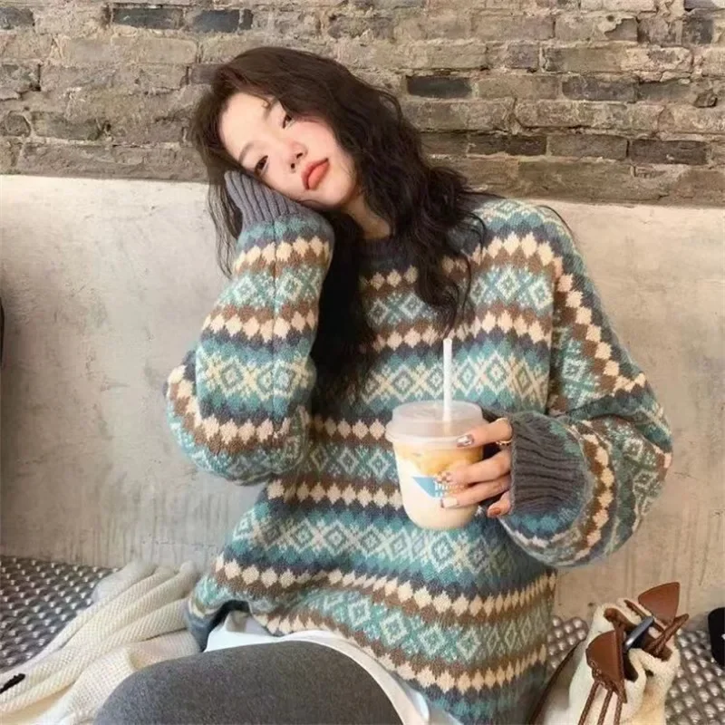 Winter Knitwear Pullover Sweaters For Women Top Blue Vintage Long Loose Sweats Warm Korea Fashion Kawaii Jumper Y2k Clothes