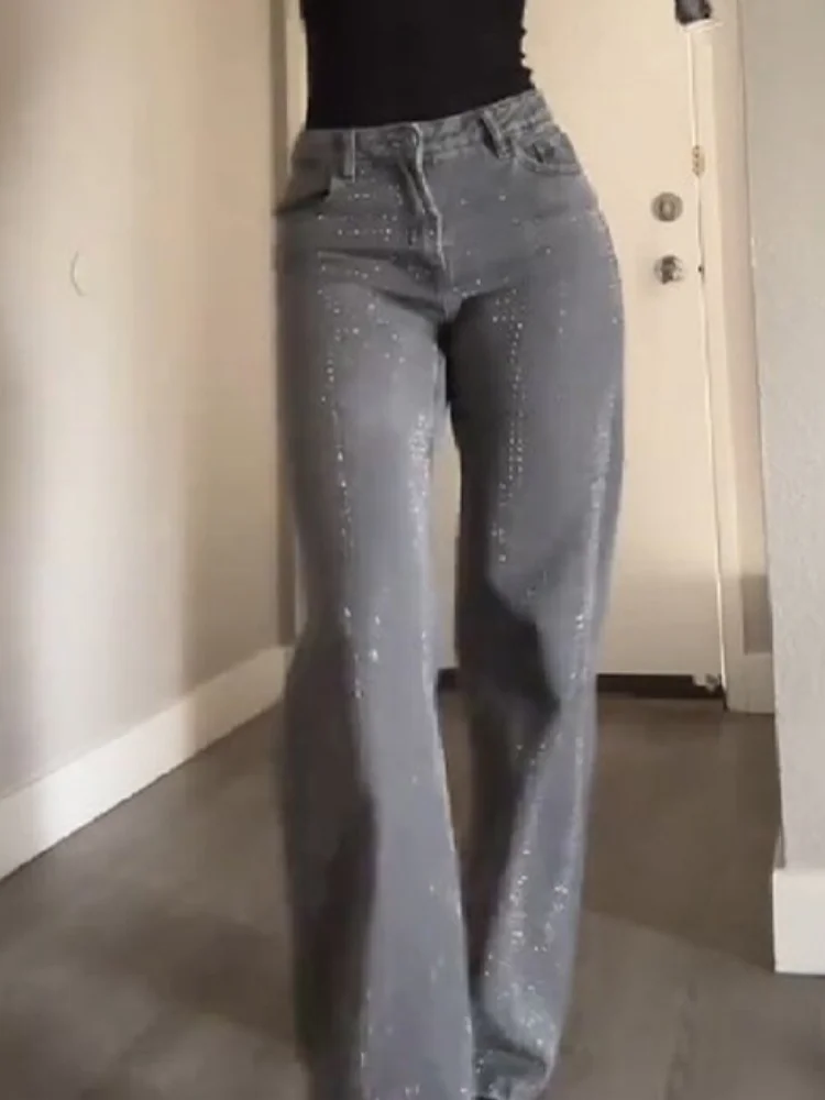 2026 글리터리 루즈핏 스트레이트 데님 팬츠 여성용 스타일리시 하이웨이스트 플로어 길이 레저 바지 신상 하이 스트리트웨어