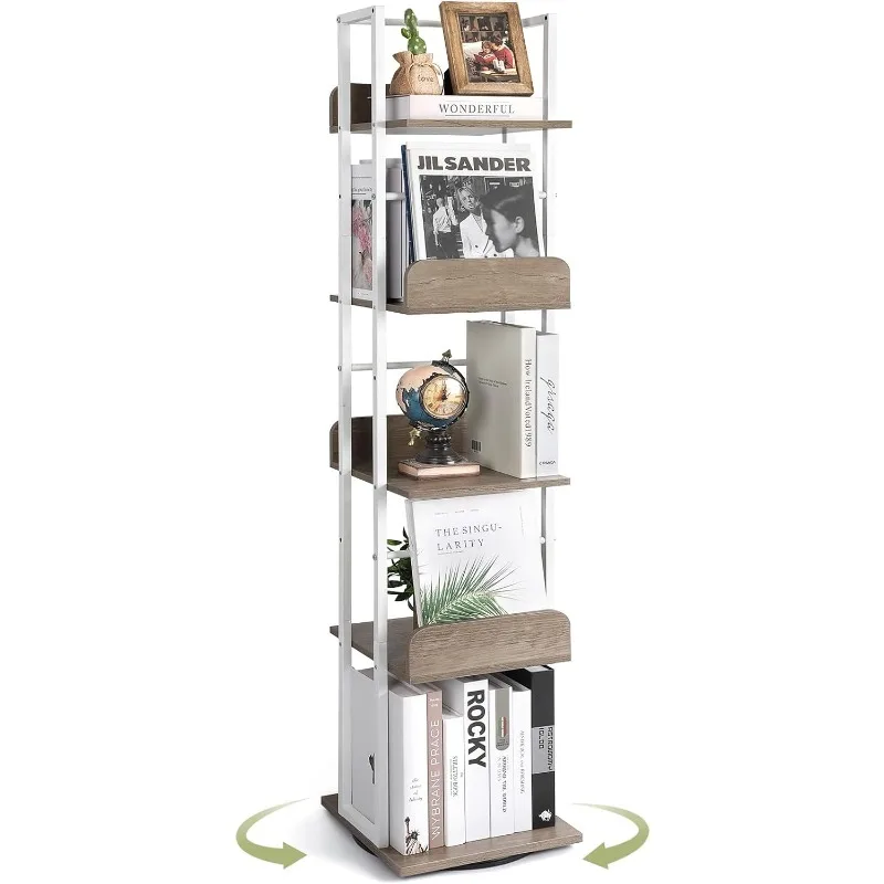 

5-Tier Rotating Bookshelf Tower for Corner, Small Bookcase, Tall Narrow Industrial Bookshelves