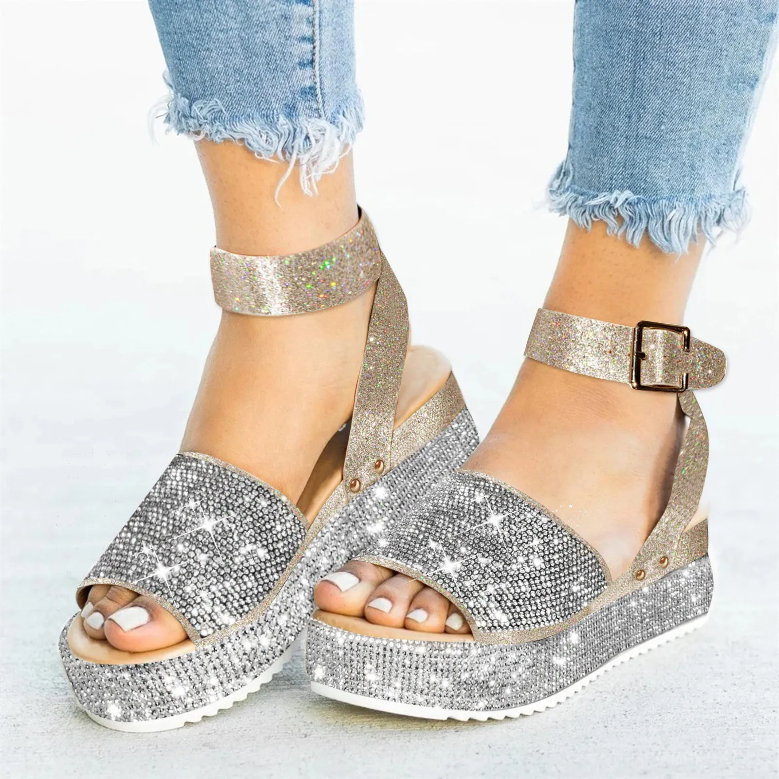 Ladies Sandals Fashion Rhinestone Wedge Sandals Ladies Summer New High Heels Platform Shoes Outdoor Open Toe Casual Sandals