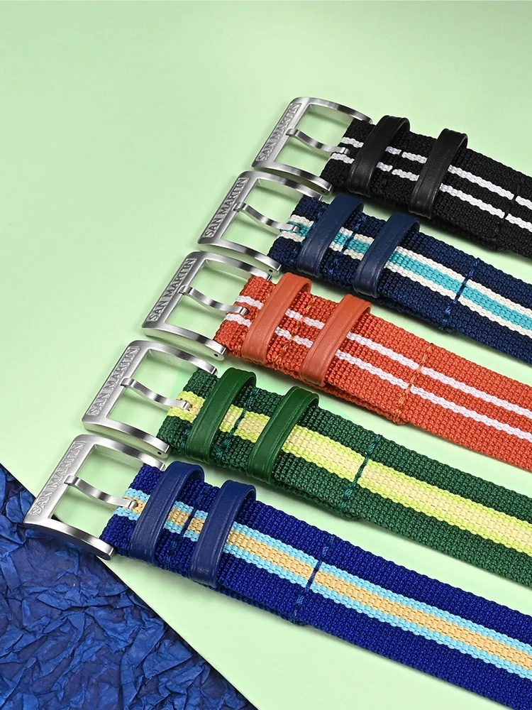 San Martin High Quality Colorful Nylon Strap Spliced Leather Material 20mm Universal Type Watch Band 316L Stainless Steel Buckle