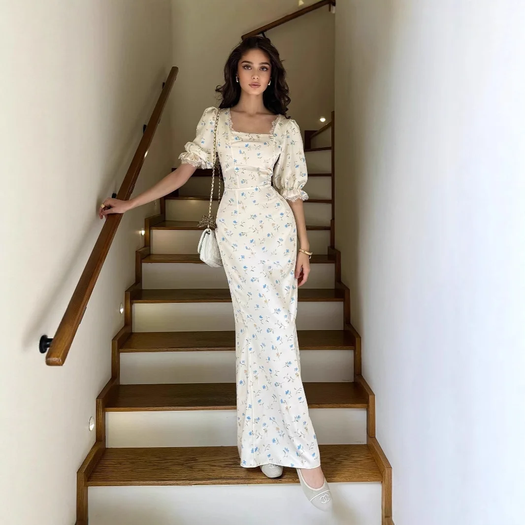 Europeu e americano 2025 moda primavera festa à noite fino ajuste rendas até cetim impressão suave estilo fada vestido de renda para mulher