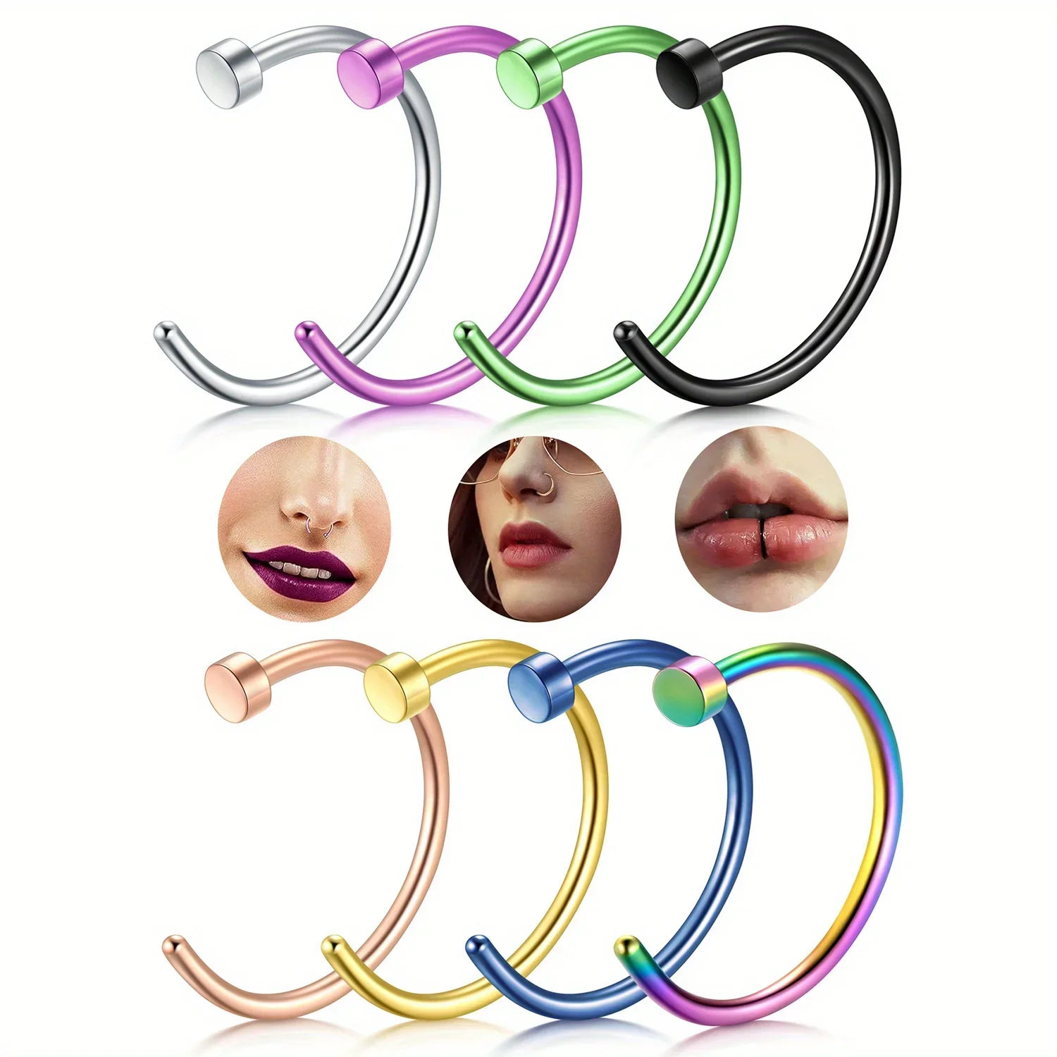 8-teiliges Nasenringe-Reifen-Set, 18 g 20 g Nasenpiercing-Schmuck, gefälschte Lippen-Reifenringe für Damen und Herren, täglich und Geschenk, Anlass 6–12 mm