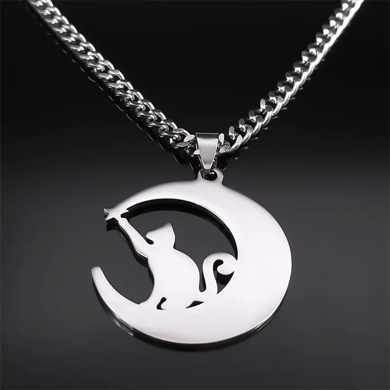 Goth Cat Pentagram Celtic Knot Crescent Necklace Women Stainless Steel Moon Shape Pendant Witch Knots Necklaces Jewelry N7964S03