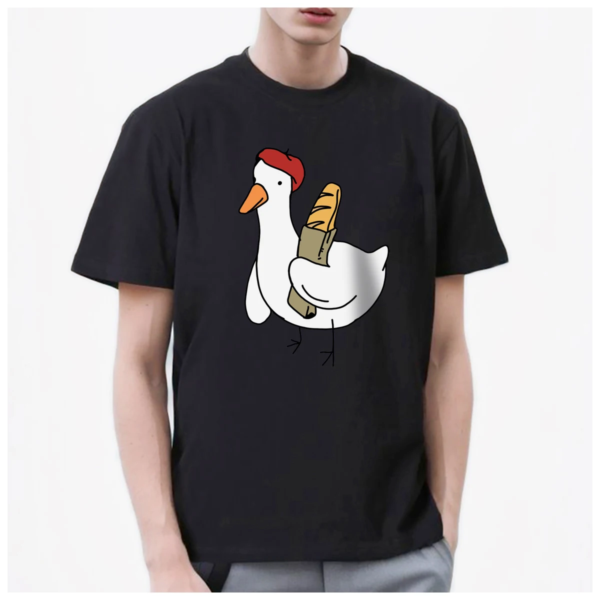 Hiphop Art Ins Funny white Duck and Bread Feeling Gifts mens t shirt Women Fashion 100% Cotton summer casual Breathable Tops Y2k