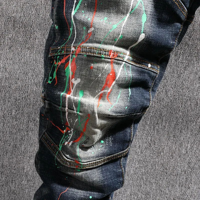 Streetwear Fashion Men Jeans Retro Black Blue Slim Fit Stretch Spliced Designer Biker Jeans Homme Painted Hip Hop Punk Pants Men