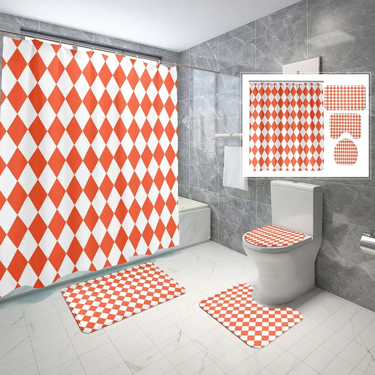 

4 PCS Checkered Pattern Shower Curtain Sets,White Orange Geometric Waterproof Bath Curtain,Non-Slip Bath Mat Toilet Cover Set