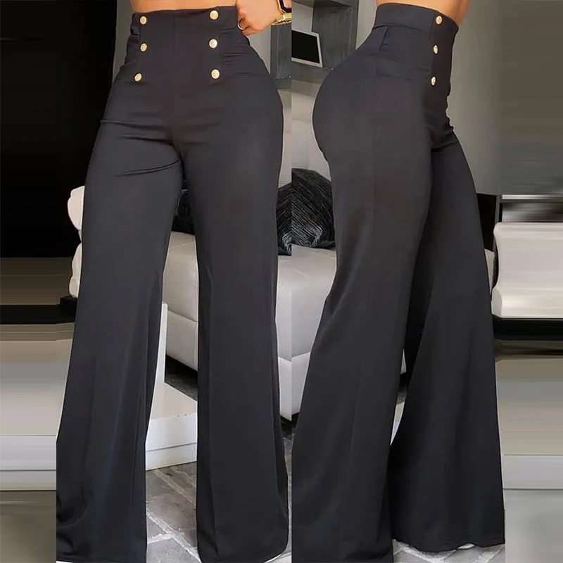 Fashion High Waist Fitted Formal Pants Elegant All Match Wide Leg Pants Female Trouser High Street Double Breasted Workpants