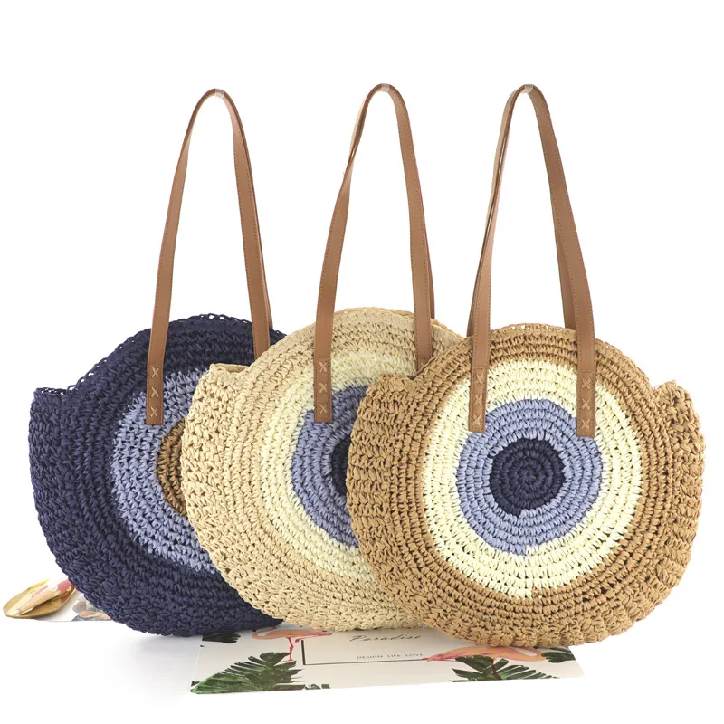 

Women Fashion Woven Handbag Round Straw Woven Tote Bag Vacation Shoulder Bag Large Capacity Ethnic Style for Travel Vacation