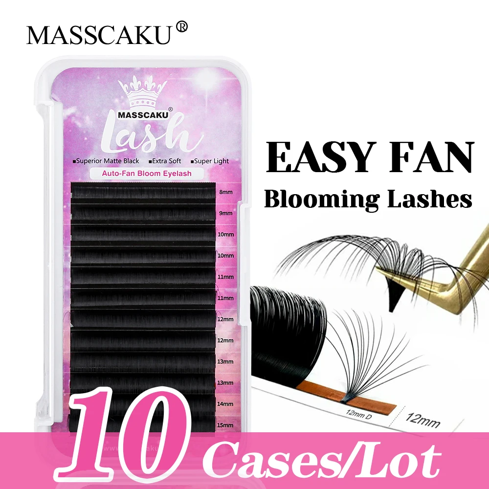 

Hot Selling MASSCAKU 10cases/lot Multi-texture Auto Blooming Lashes 8-17mm and Mix Length Self Fanning Eyelashes Easy to Operate