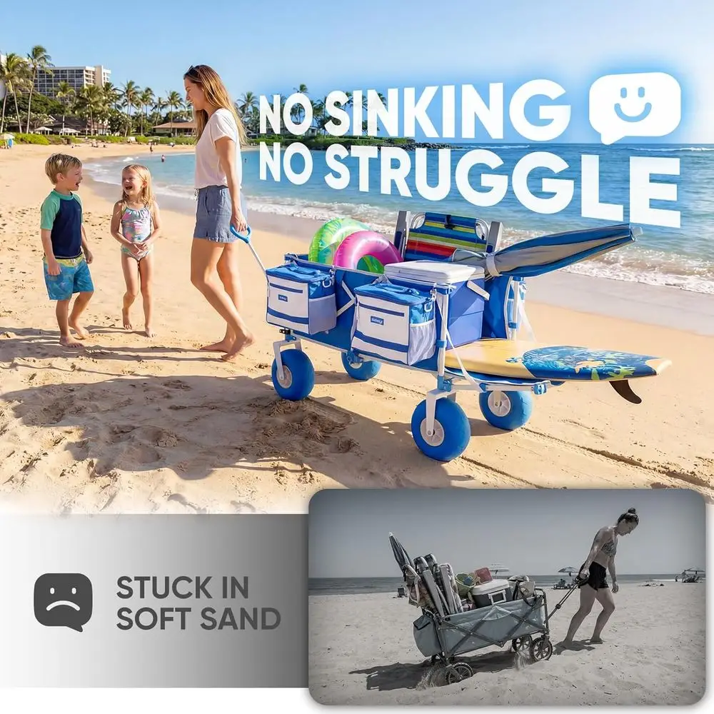 Heavy Duty Beach Wagon with 9" Big Sand-Proo Wheels, 300L Oversized oldable Beach Cart with Cooler| Adjustable Handle & Balloon view 3