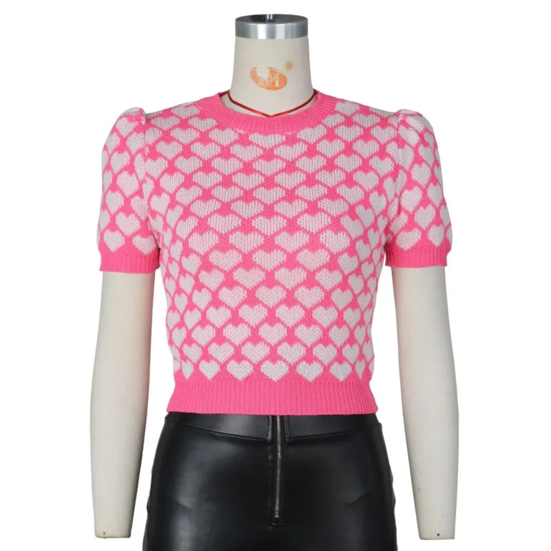 

2025 Spring Summer Fashion Women's Knitted Heart Pattern Short Sleeve Top Stylish Knit T-Shirt for Daily Wear Tops
