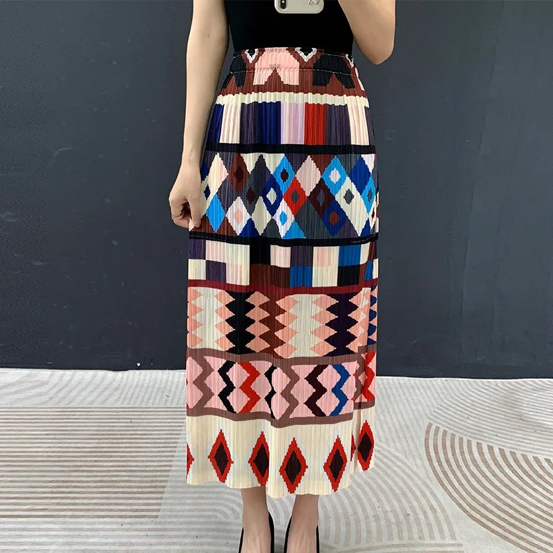 

Miyake Pleated Retro Skirt 2026 Summer New Long Jupe Miyake Pleated Print Elastic Waist Women Slim Mid-Length Fold A-Line Skirt