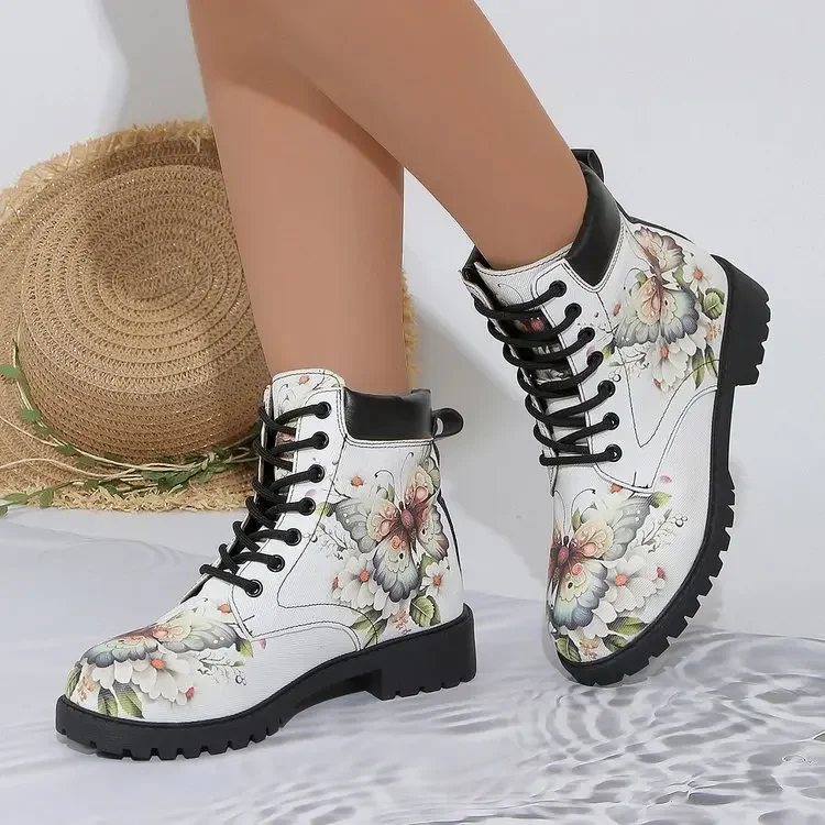 Women Boots Lace Up Low Heel Ankle Botas Mujer Casual Shoes Retro Round Toe Printing Lace Up Shoes Chelsea Short Boot2025