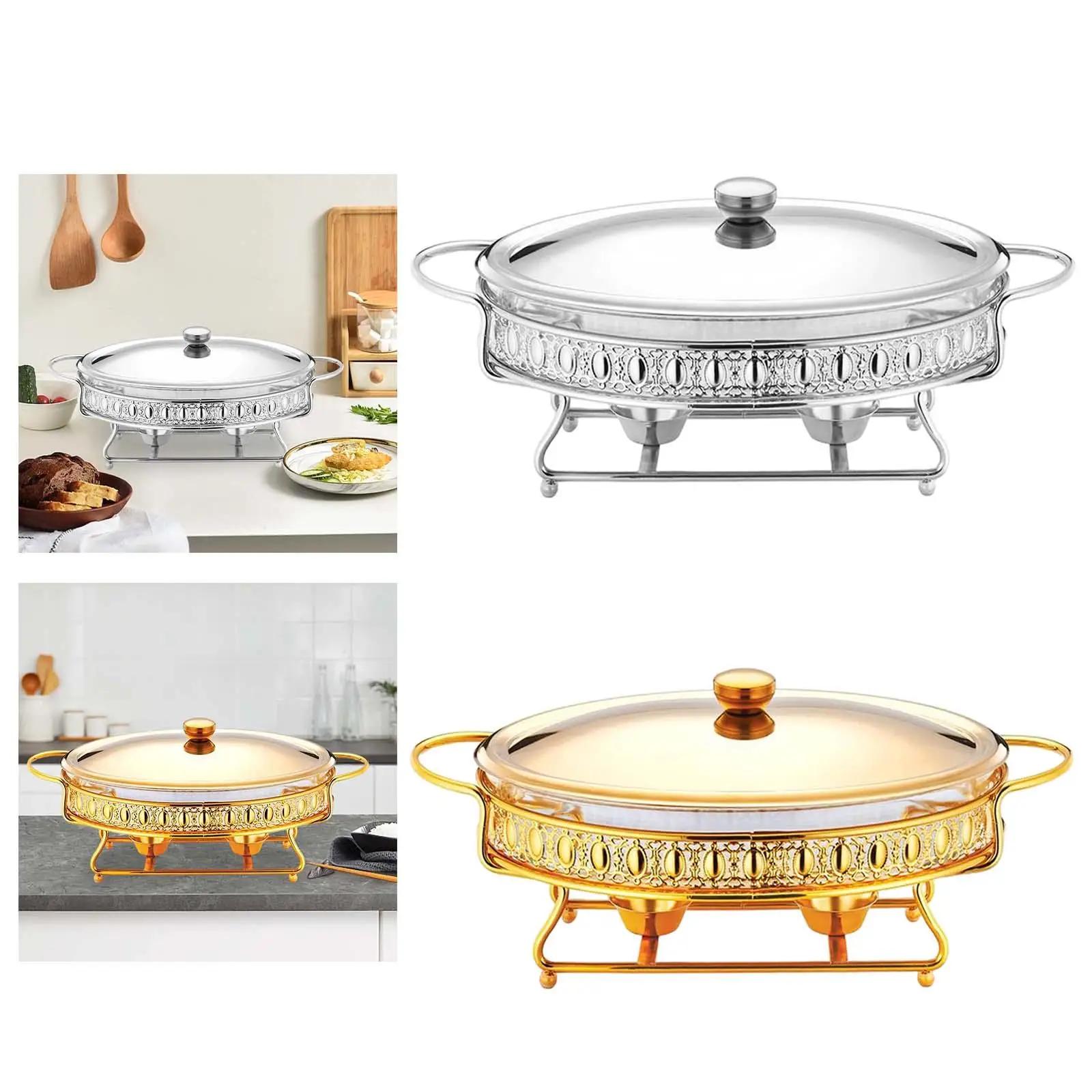 Hot Food Buffet Chafing Dish Warmer Round Stainless Steel Catering Server with Glass Lid for Wedding Reception Party