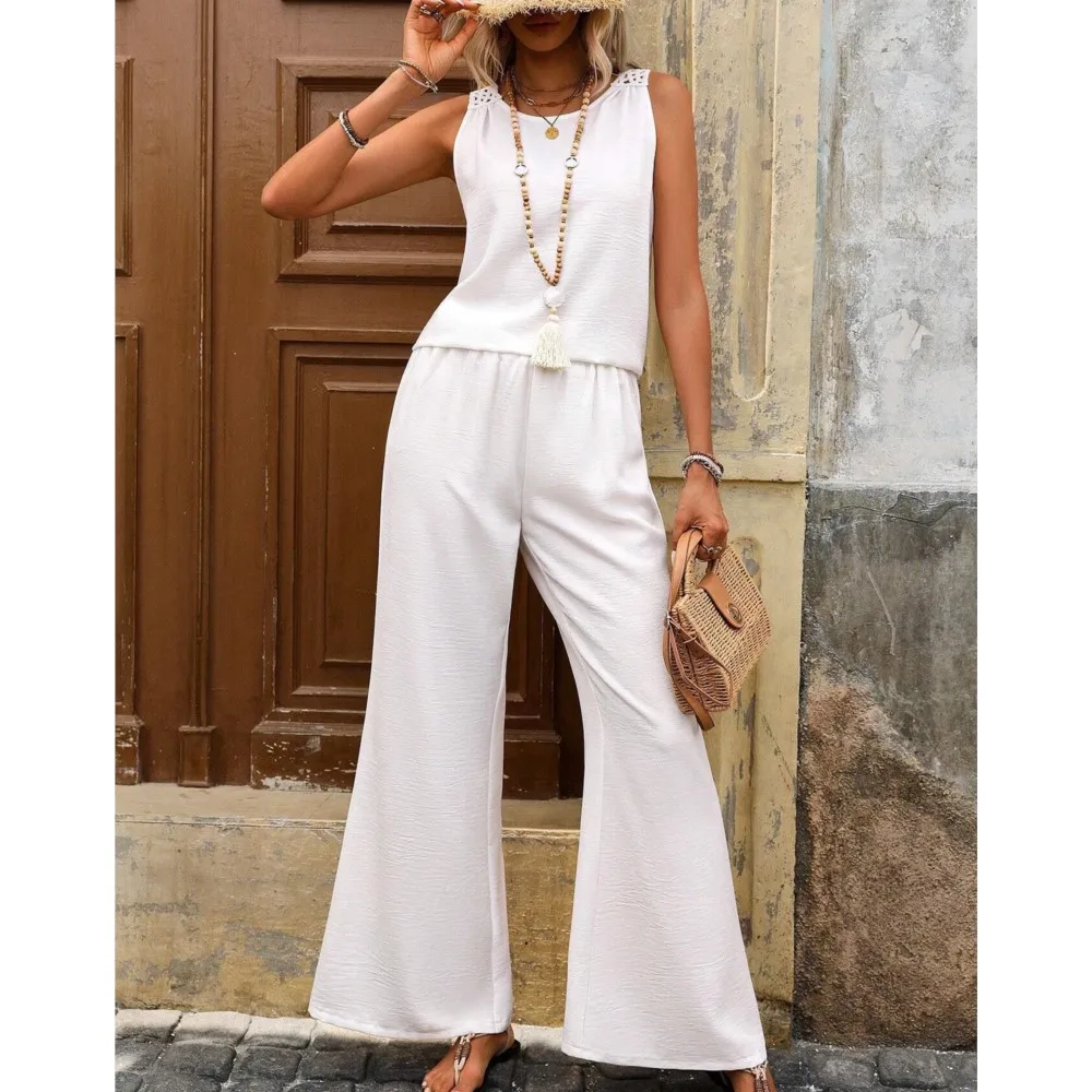 White Irregular Shirt Top And Wide Leg Pants Two-piece Set For Women 2024 New Summer Sleeveless Solid Color Back Hollow Lace Set